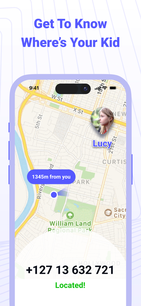 距離インジケーターと「子供がどこにいるかを知る」というテキストが付いた地図上の子供の位置を示すスマートフォンの画面。