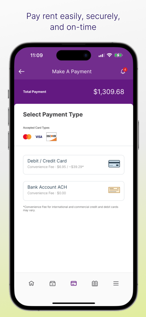Resident Portal Mobile - The Make A Payment screen of the Resident Portal app showing a rent balance and options to pay via credit card or bank account