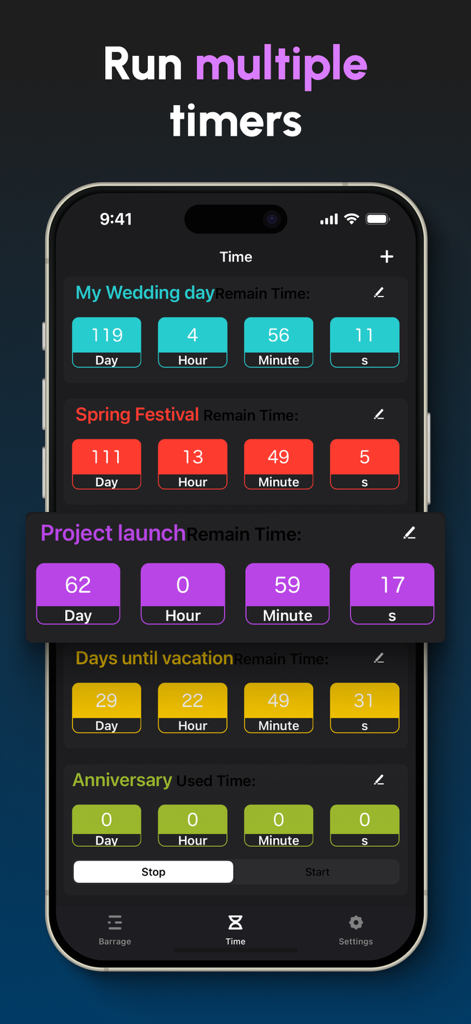 A mobile app interface displaying multiple colorful countdown timers for events like weddings, project launches, and vacations.
