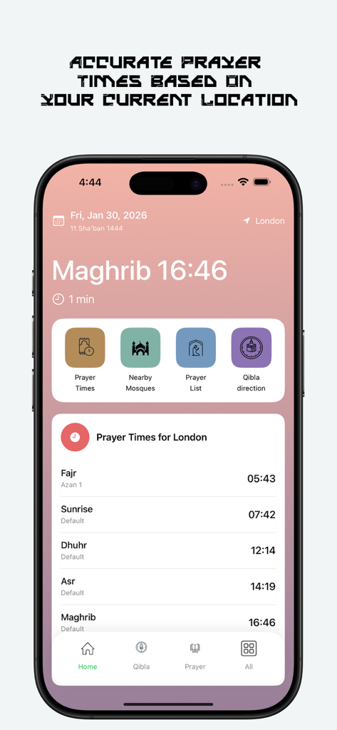 Ramadan Map - Aplicación móvil Ramadan Map mostrando horarios de oración diarios e interfaz de herramientas islámicas