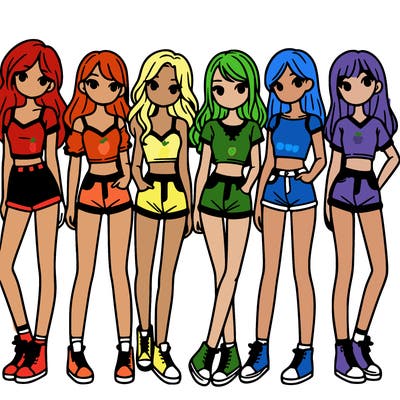 a group of girls wearing crop tops and shorts