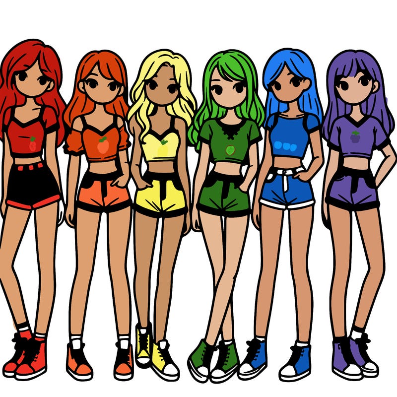 a group of girls wearing crop tops and shorts