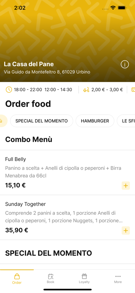 La Casa del Pane Urbino - La Casa del Pane Urbino mobile app menu showing food combo options and prices