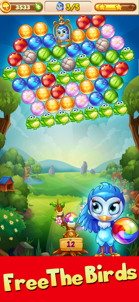 Forest Rescue: Bubble POP - Un personaggio di un uccellino blu usa una fionda in un gioco sparatutto di bolle per salvare un uccellino intrappolato.