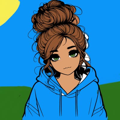realistic girl with a massy bun and a hoodie