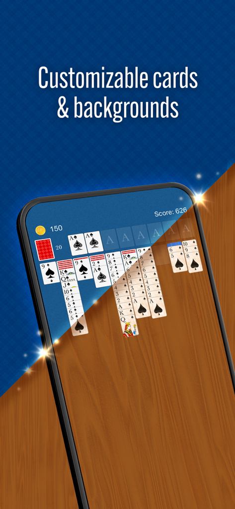 Spider Solitaire Classic gameplay showing customizable card designs and backgrounds on a mobile screen