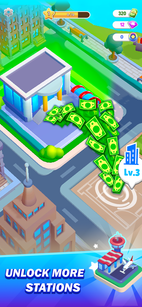 Terminal Master - Bus Tycoon - A gameplay screenshot from Terminal Master Bus Tycoon showing cash collection and a prompt to unlock more stations.