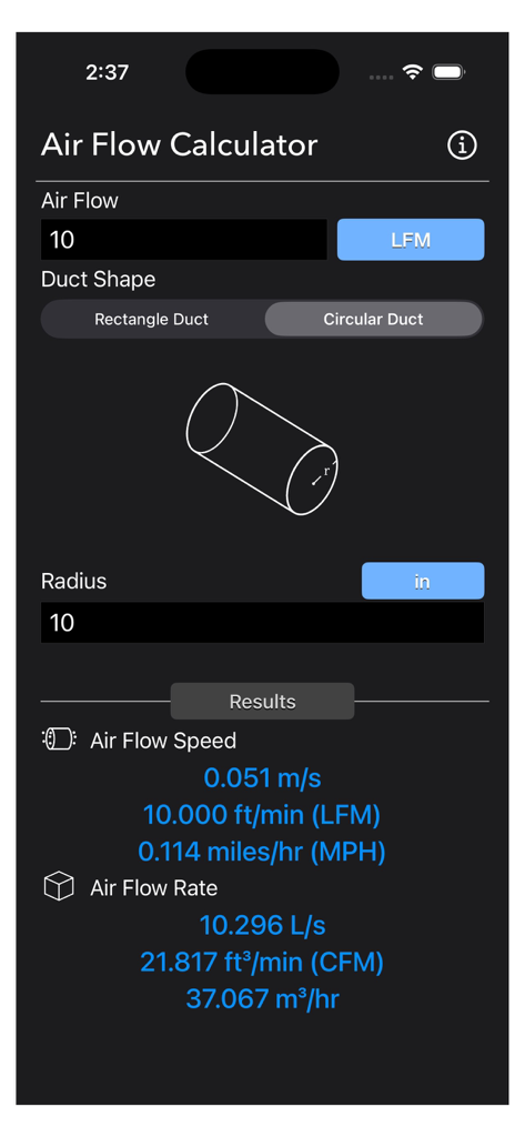Air Flow Calculator app screen showing circular duct dimensions and airflow speed and rate conversion results