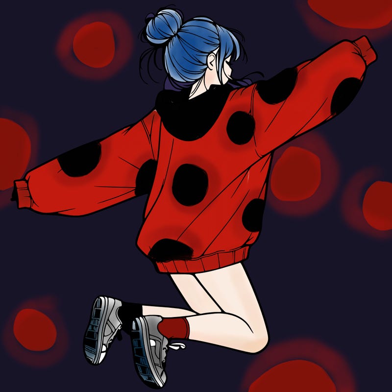 realistic girl jumping with a bun and oversized sweatshirt