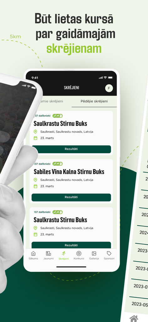 Uma interface de aplicativo móvel exibindo uma lista de eventos de trail running futuros com datas e locais