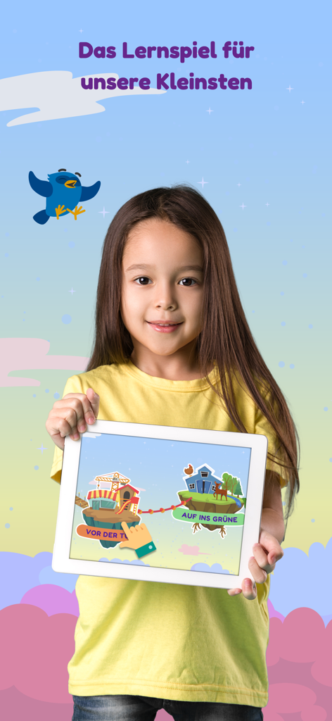 A young girl holding a tablet showing the sofatutor KIDS educational app interface