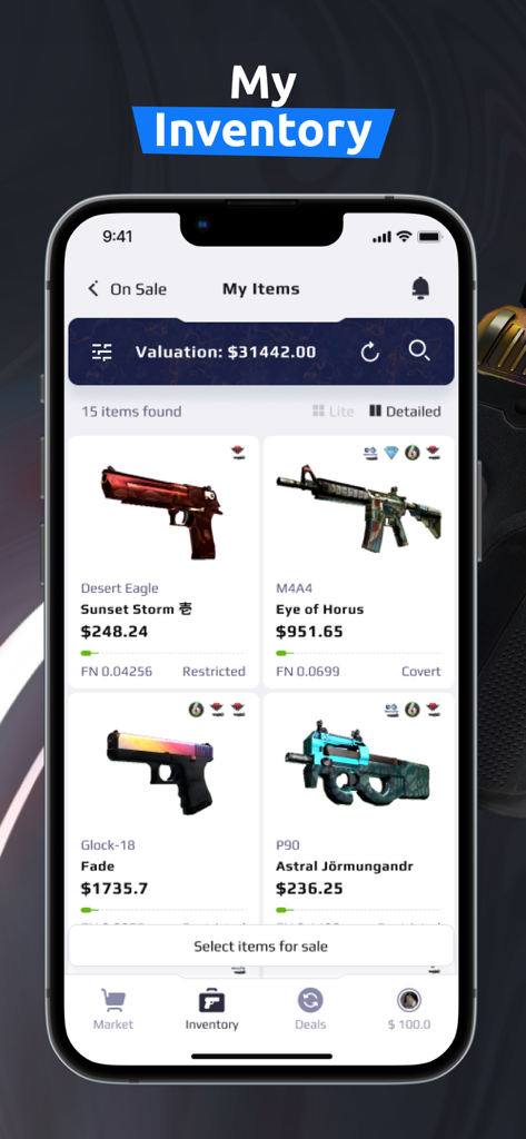 Mobile App-Oberfläche von white market, die das Inventar eines Benutzers von CS2 Skins zeigt, einschließlich einer M4A4 Eye of Horus und Glock 18 Fade mit Preisen
