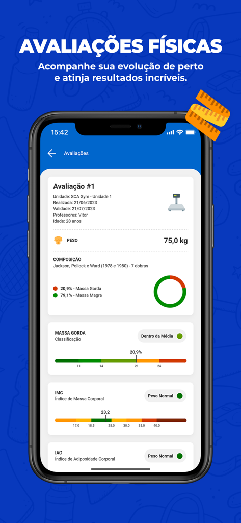 SCA Aluno - Pantalla de la app SCA Aluno que muestra resultados de evaluación física incluyendo peso, composición corporal e IMC.