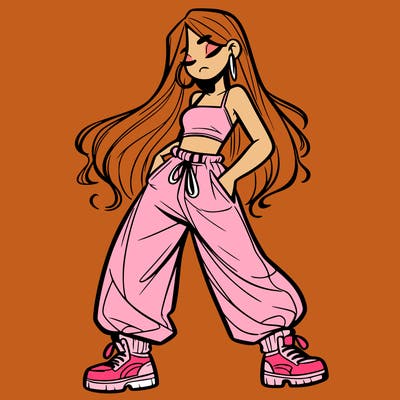 girl in baggy pants crop top and long hair