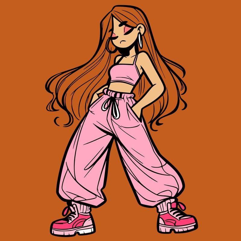 girl in baggy pants crop top and long hair