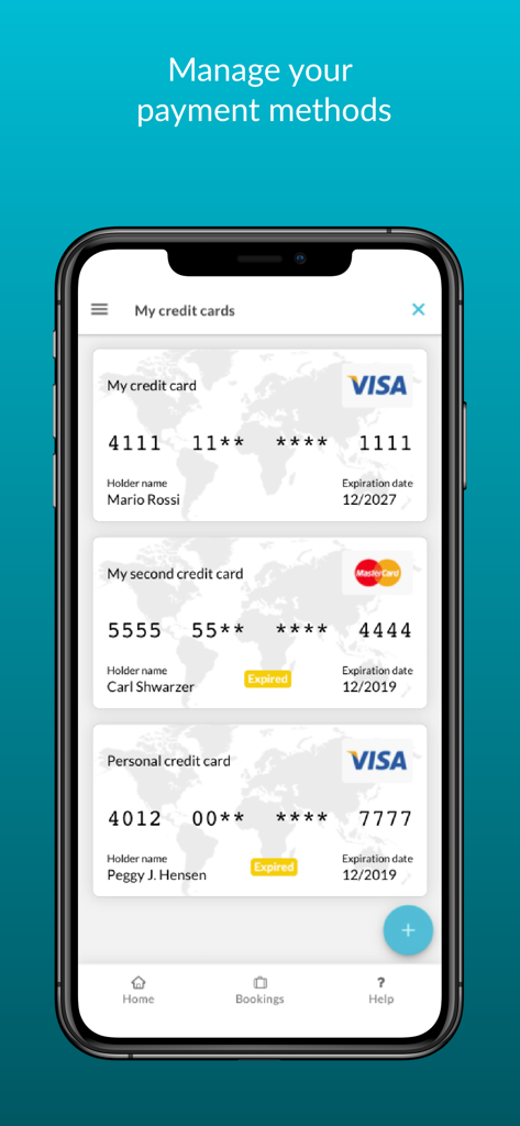 BizAway - Interface de l'application mobile BizAway affichant une liste de cartes de crédit enregistrées pour la gestion des paiements de voyages d'entreprise
