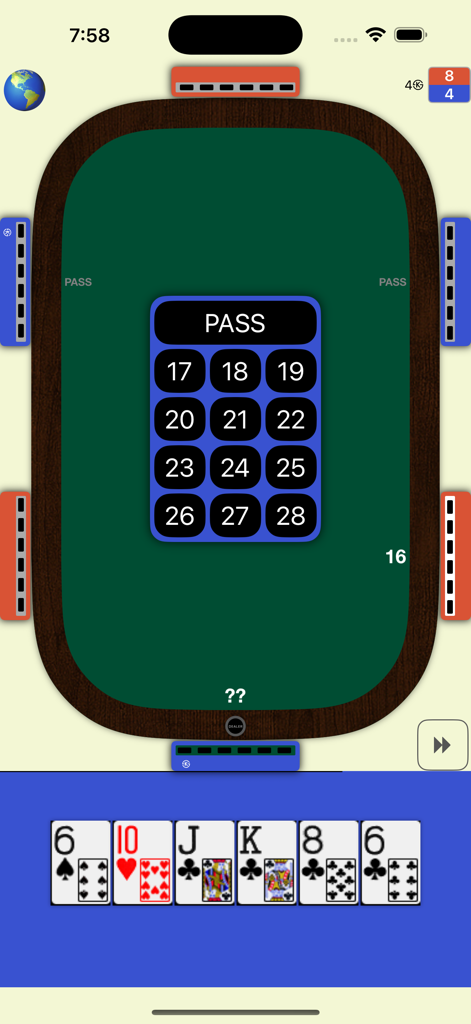 Super 28 - A digital card table interface for the Super 28 game showing bidding options from 17 to 28.