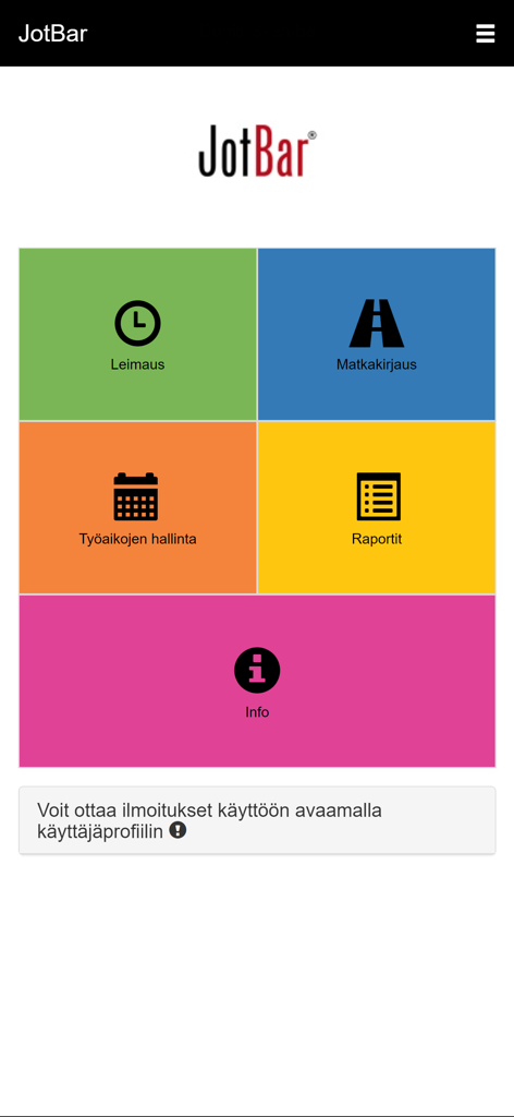 JotBar Mobile Tools - Main dashboard of JotBar Mobile Tools app showing colorful menu tiles for time stamping travel logs work management and reports