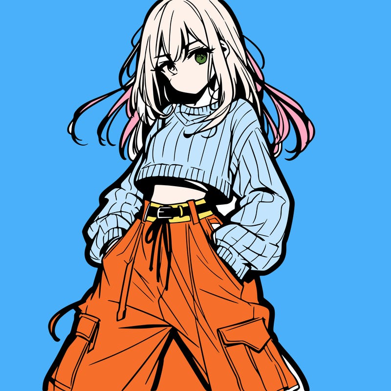 anime teen girl with baggy pants and crop top with sweater