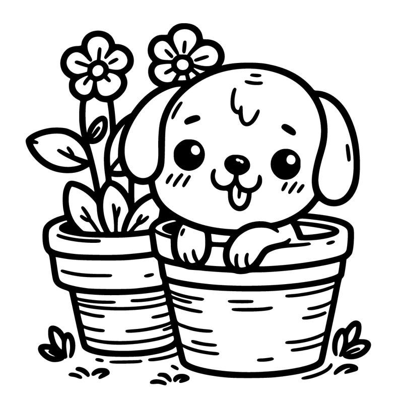 dog in flower pot