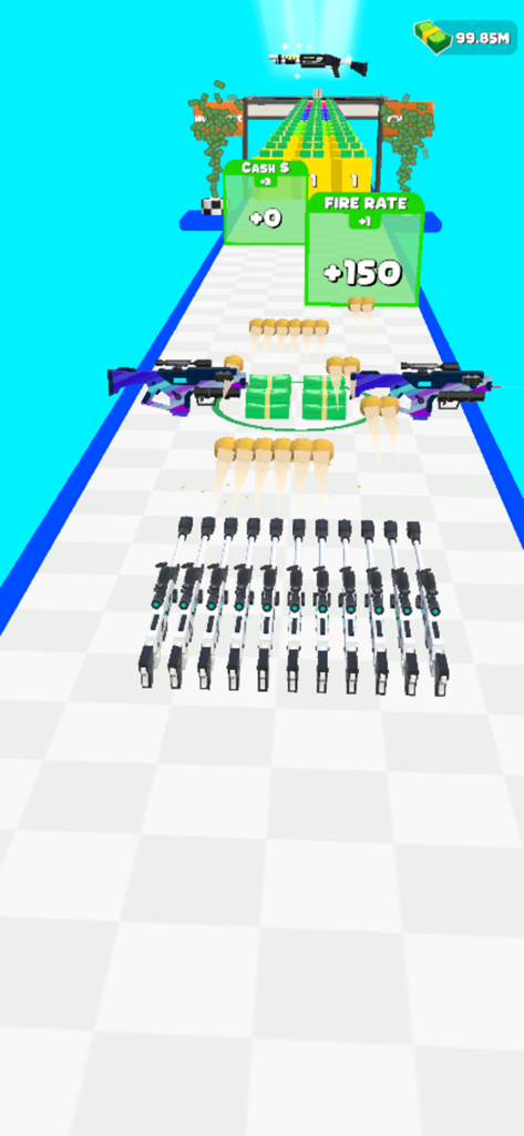 Gun Clone - Gameplay of Gun Clone showing weapon upgrades and fire rate bonuses on a 3D track.
