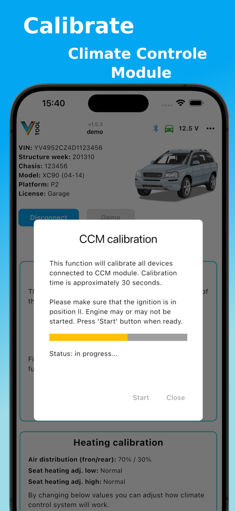 Interfaz de la aplicación V-Tool OBD Scanner realizando una calibración del Módulo de Control de Climatización en un Volvo XC90