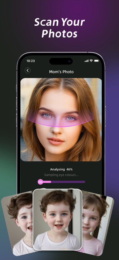AI Future Baby - Art Generator - AI Future Baby app interface scanning a mother's photo to analyze facial features for baby prediction.