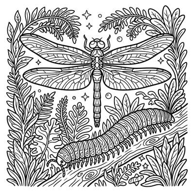 Embark on a fascinating journey to an ancient world with this stunning adult coloring page, showcasing magnificent giant prehistoric insects. Immerse yourself in the detailed beauty of colossal dragonflies and intricate millipedes surrounded by lush, primitive flora.