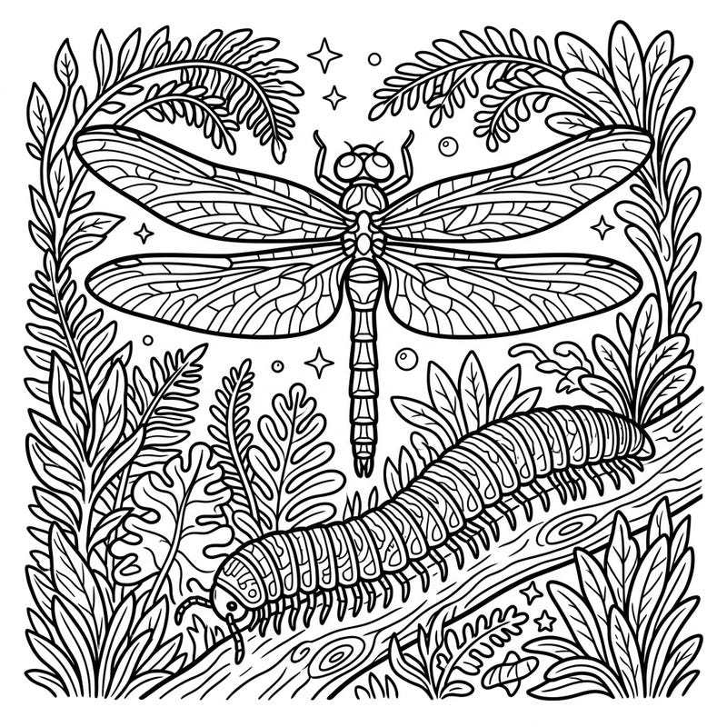Embark on a fascinating journey to an ancient world with this stunning adult coloring page, showcasing magnificent giant prehistoric insects. Immerse yourself in the detailed beauty of colossal dragonflies and intricate millipedes surrounded by lush, primitive flora.