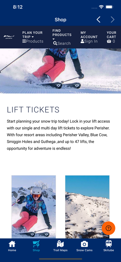 Perisher - The shop interface of the Perisher mobile app showing options to buy lift tickets and plan a ski trip