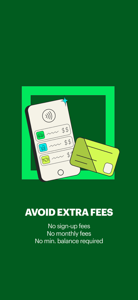 Spruce mobile banking app interface showing no sign up fees and no monthly fees