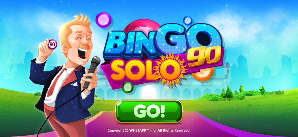 Bingo Solo 90 : 90 Ball Bingo - Tela de título do jogo Bingo Solo 90 com um locutor de desenho animado segurando uma bola de bingo e um botão verde de 'ir'