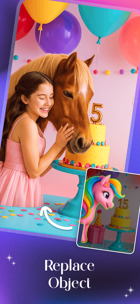 AI Event Designer: Venue Decor - AI event planning app demonstrating the replace object feature by swapping a cartoon pony for a real horse in a birthday party scene.