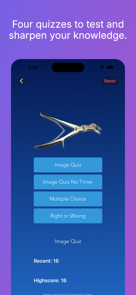 Surgical Instrumentation - Screen showing four medical instrument quiz modes in the Surgical Instrumentation app.