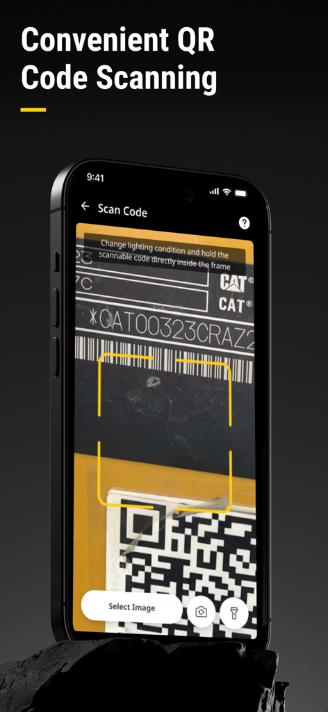 Cat® DSP Mobile - Cat DSP Mobile app interface showing the QR code scanning feature for equipment assets.
