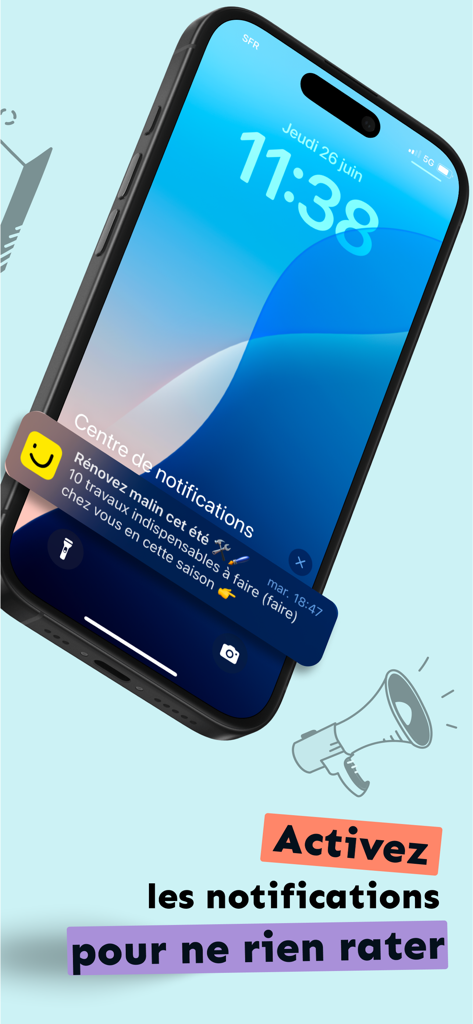 PagesJaunes - Recherche locale - PagesJaunes mobile app showing a notification for home improvement tips on a smartphone lock screen.