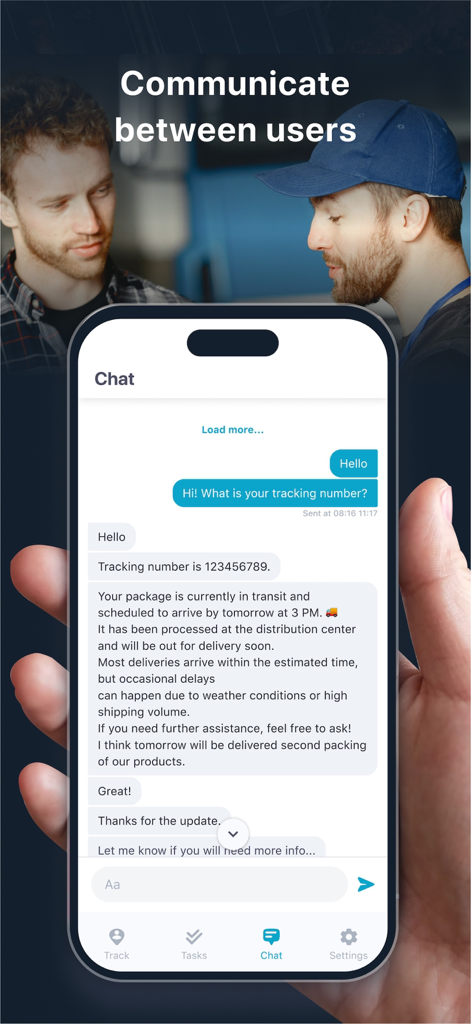 La interfaz de chat seguro de la aplicación GPSWOX que muestra la comunicación entre usuarios sobre el estado de una entrega.