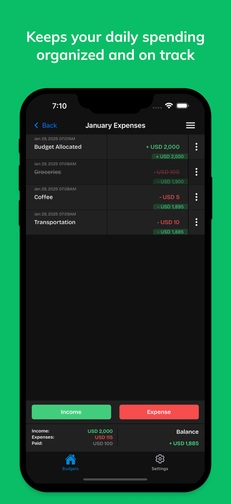 Screenshot dell'elenco transazioni dell'app FreeBudget che mostra le spese giornaliere categorizzate e il saldo attuale
