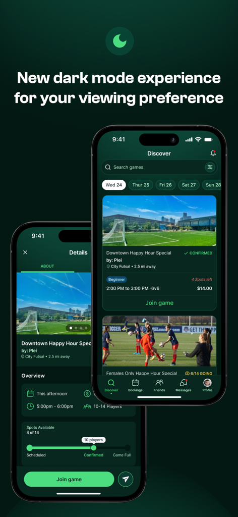 Plei | Pick Up Soccer - Dos iPhones mostrando la interfaz de la aplicación Plei en modo oscuro con partidos de fútbol improvisado disponibles