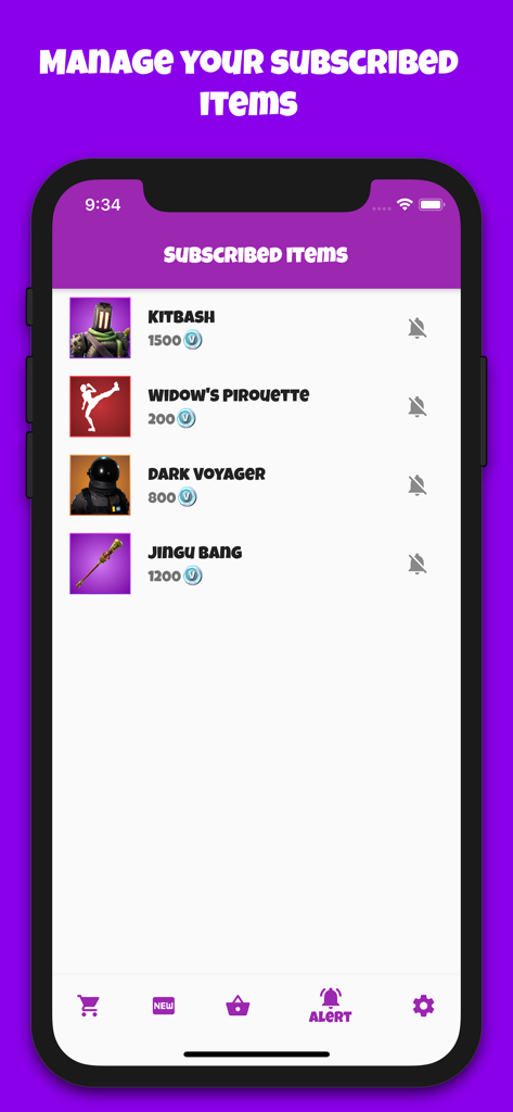 Shop Of The Day for Fortnite - A mobile screen showing the subscribed items list in the Fortnite shop app with options to manage alerts for skins and emotes