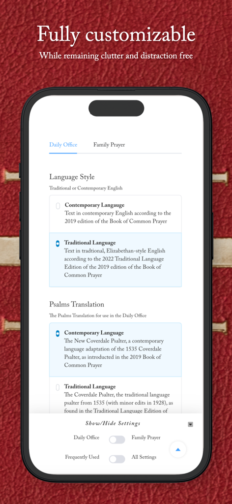 The Daily Office app settings screen showing language and psalm translation options in a clean interface.