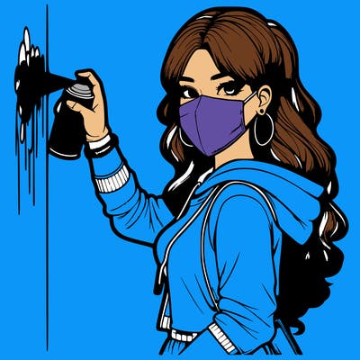 realistic girl with mask spray painting a wall
