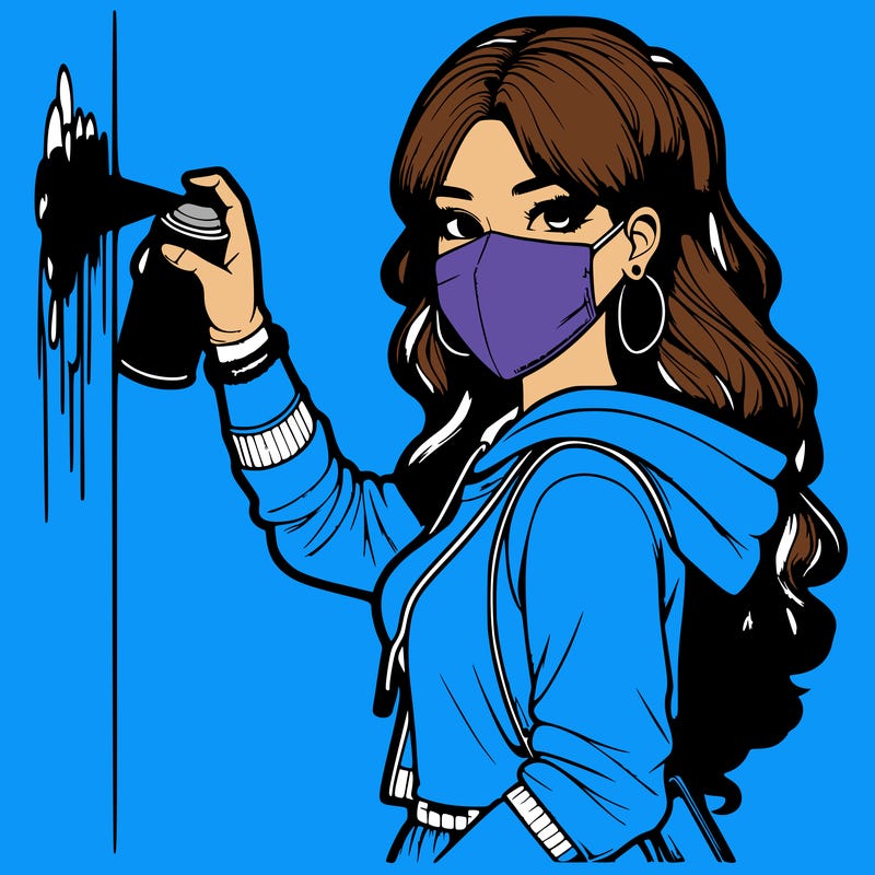 realistic girl with mask spray painting a wall
