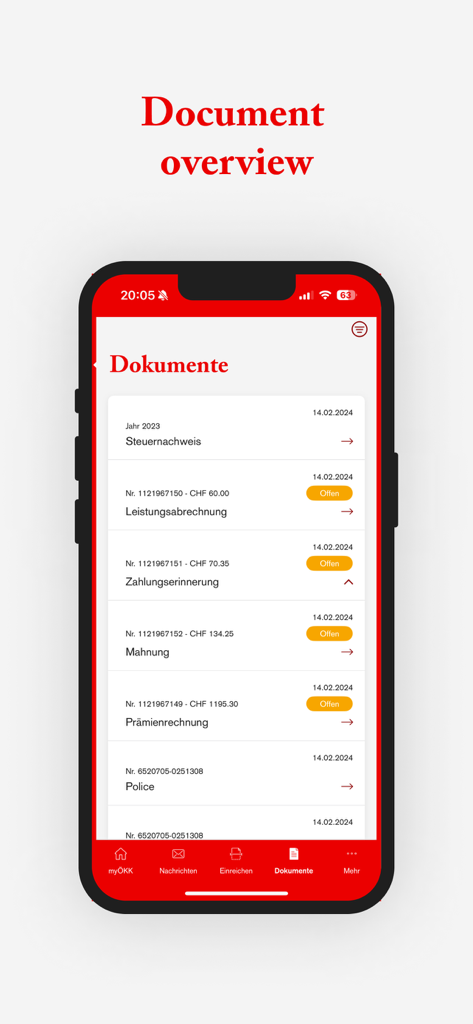 보험 정책 및 송장을 보여주는 myÖKK 앱 문서 개요