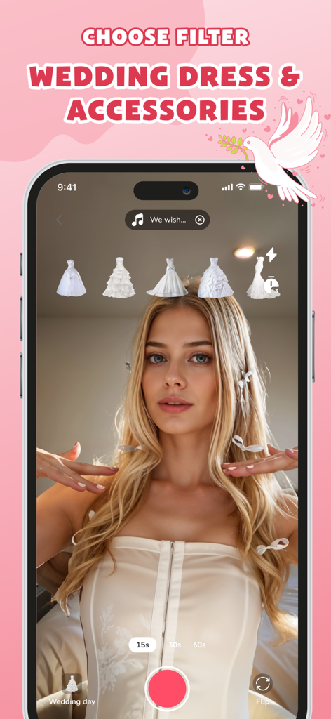 Choose Filter: Perfect Match - A woman using the Choose Filter mobile app to select from different virtual wedding dresses