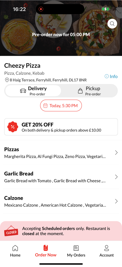 Cheezy Pizza - Cheezy Pizza mobile app screen showing food categories like Pizzas and Calzones with a 20 percent discount offer and delivery options.