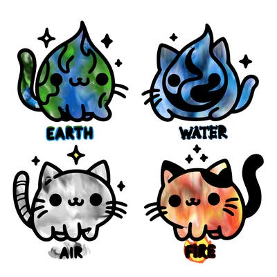 4 cats that represent the different elements, earth, water, air, and fire