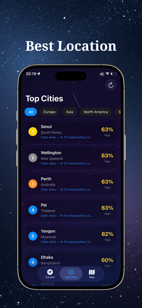 Shooting Star & Meteor Shower - A list of top cities for meteor shower viewing with visibility scores in the FallingStar app
