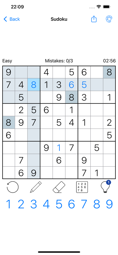 Sudoku: Daily Number Puzzle - Pantalla de juego del puzzle Sudoku 9x9 clásico en un móvil mostrando juego de nivel fácil con números y notas de lápiz