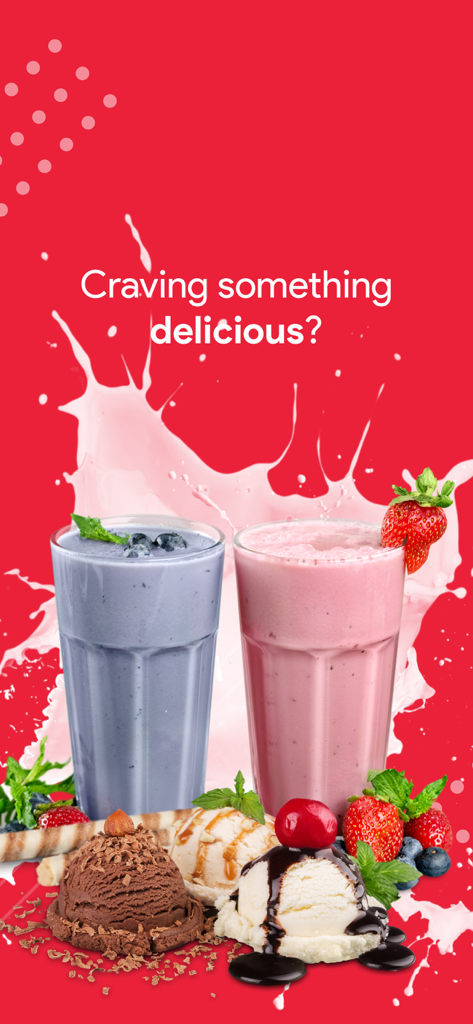 EatEasyアプリ画面にカラフルなスムージーとアイスクリームのスクープが赤い背景に表示されている